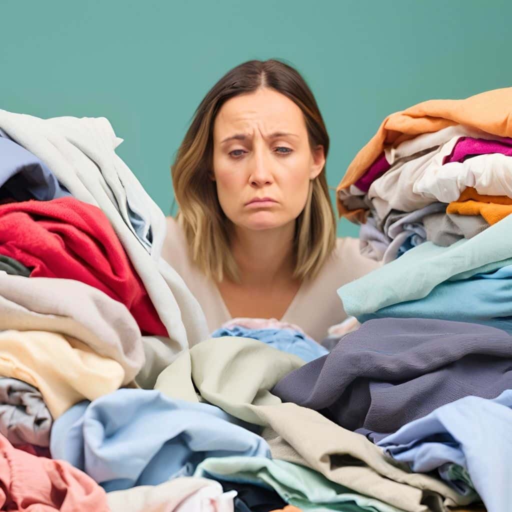 femme devant pleins de linge à plier . Procrastination devant la tâche à accomplir