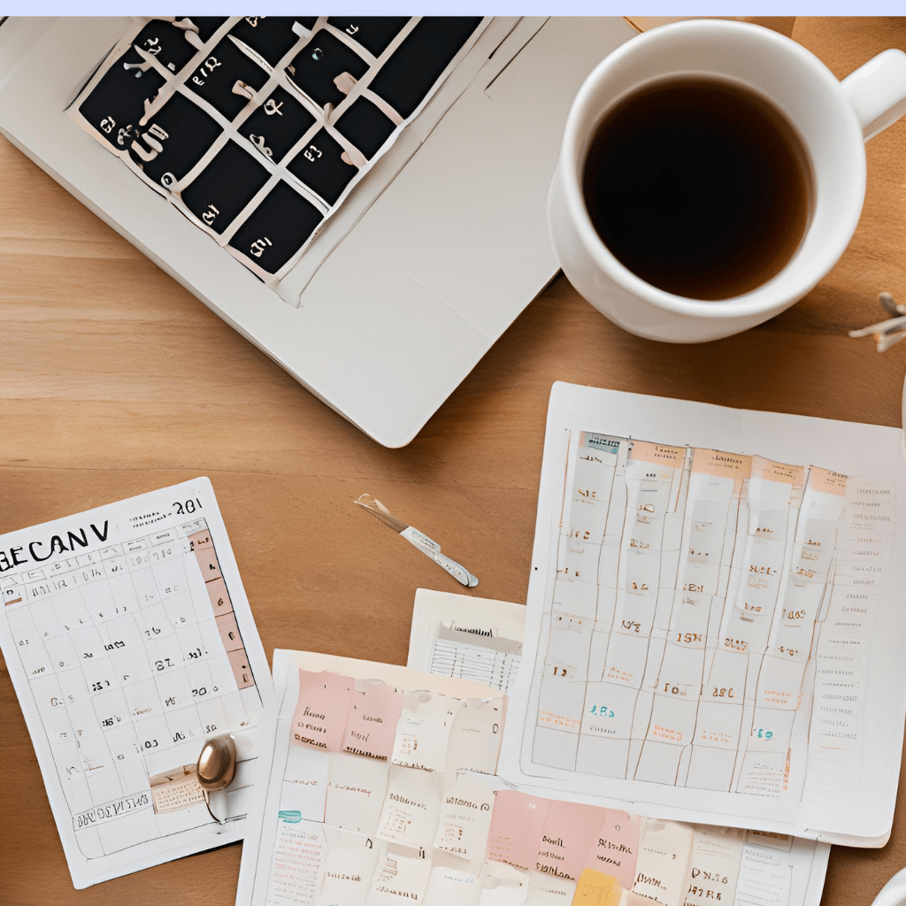 Planificateur Familiale posé sur une table avec une tasse de café et un ordinateur