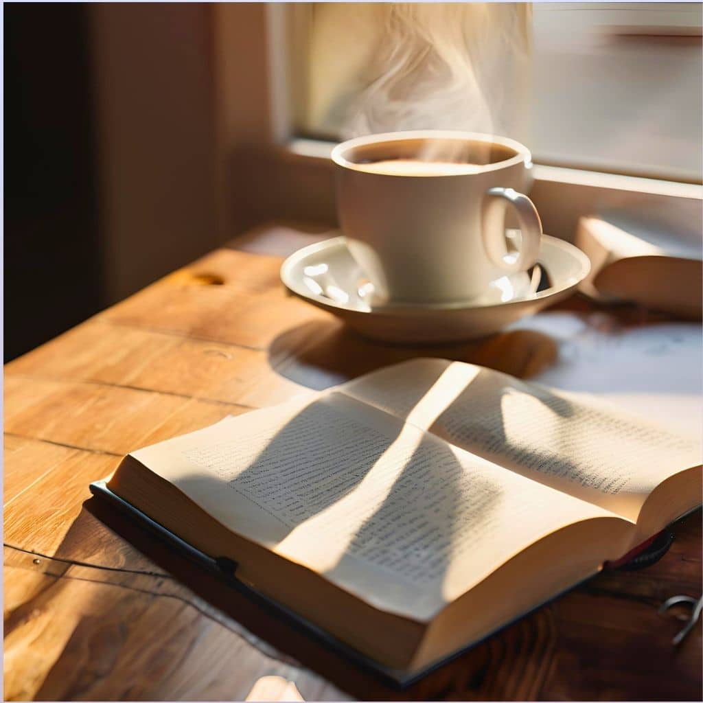 après l'effort le réconfort. Plus de procrastination. L'image est une tasse fumante et un livre ouvert