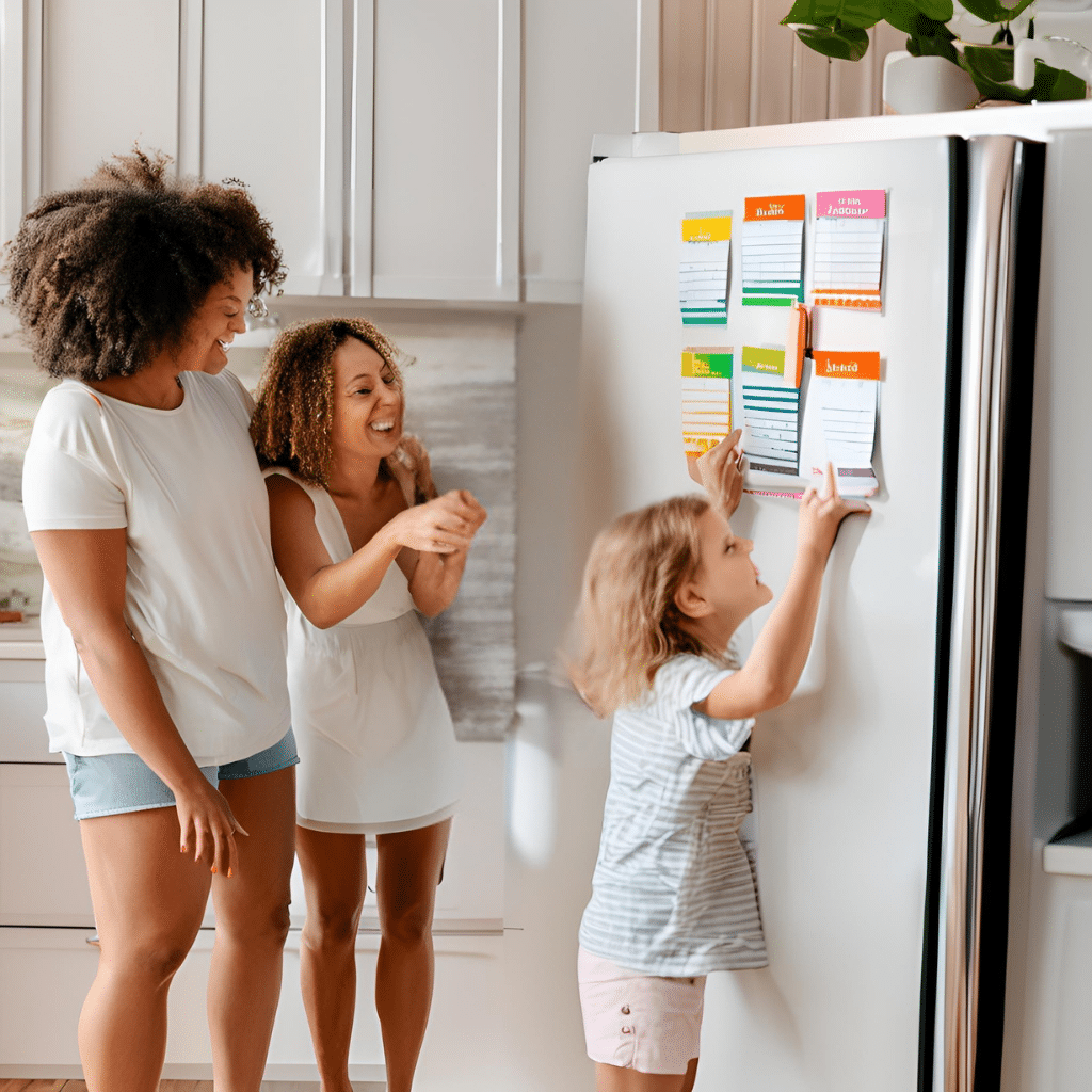 Famille mettant un Planificateur Familiale sur le frigo