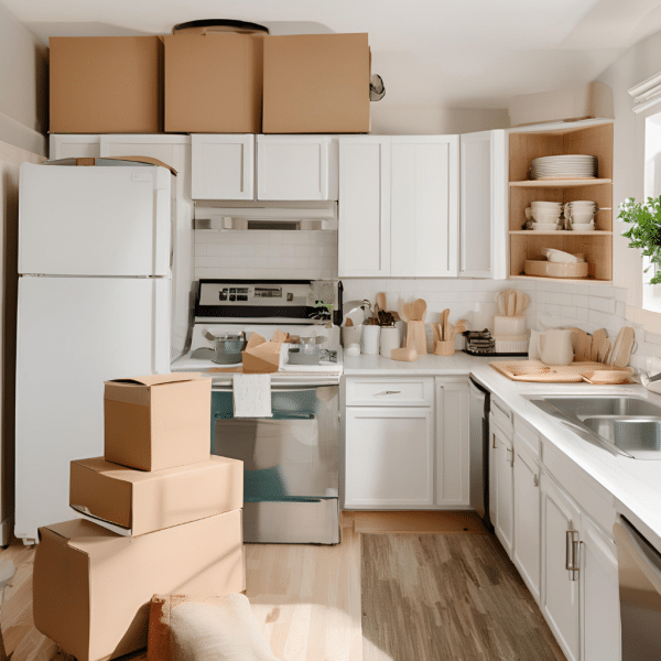cuisine rempli de cartons de déménagement