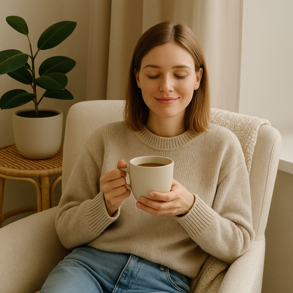 personne sereine dans un coin cocon avec une tasse de thé