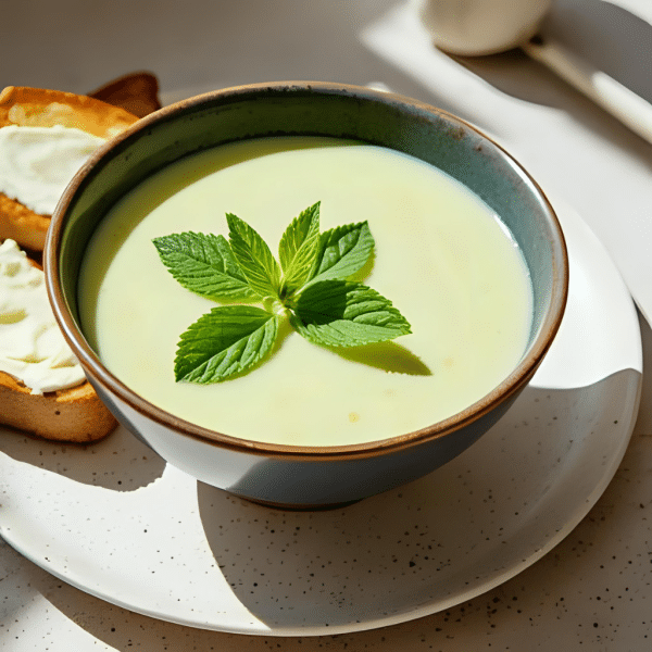 assiette de soupe froide courgette menthe avec tartine