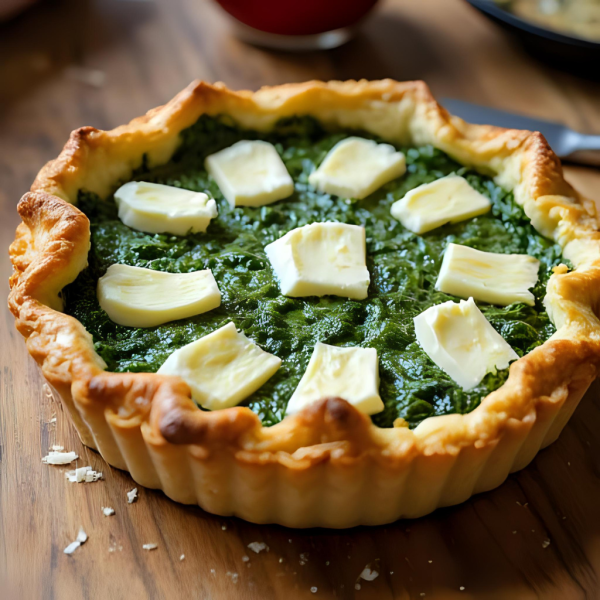 une belle tarte aux épinard avec du chèvre frais dessus
