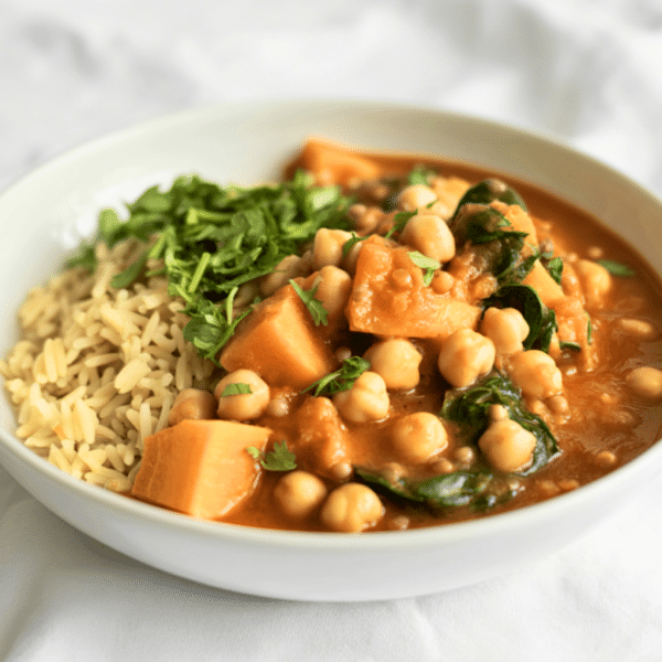assiette avec du curry de pois chiche aux légumes dedans