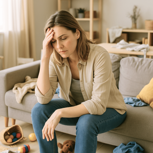 femme fatiguée assise sur un canapé avec pleins de bazar autour d'elle