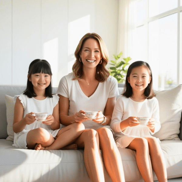 Femme et ses deux filles souriante ayant une tasse dans les mains