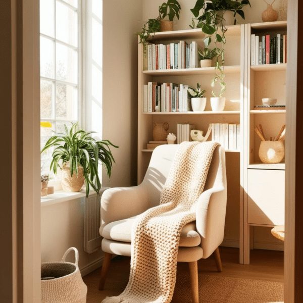 Fauteuil dans une pièce désencombrée, lumineuse et aérée