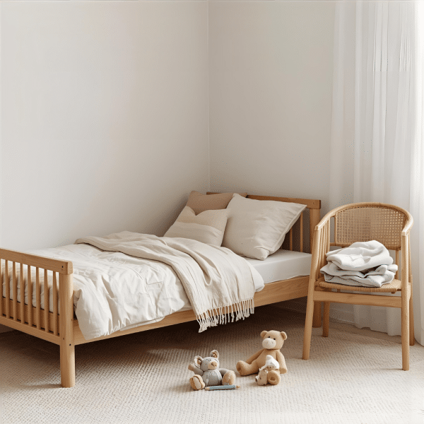 Lit d'enfant fait, quelques jouets au sol et une chaise avec des vêtements pliés dessus