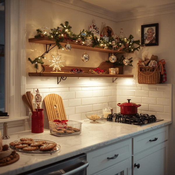 Une cuisine claire, propre, avec de petites décorations de Noël