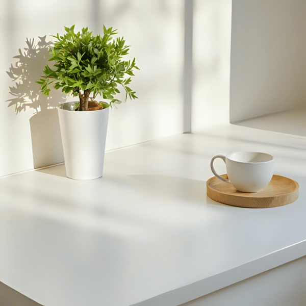 élément de cuisine bien propre et brillant avec une tasse et une plante verte