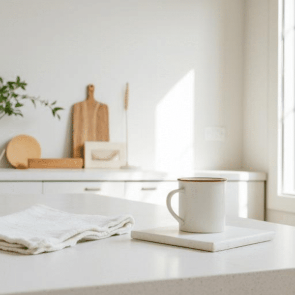 Plan de travail dégagée dans une cuisine blanche. habitudes pour une maison organisée