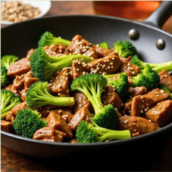 une poele avec du sauté de bœuf et des brocolis agrémenté de graines de sésames