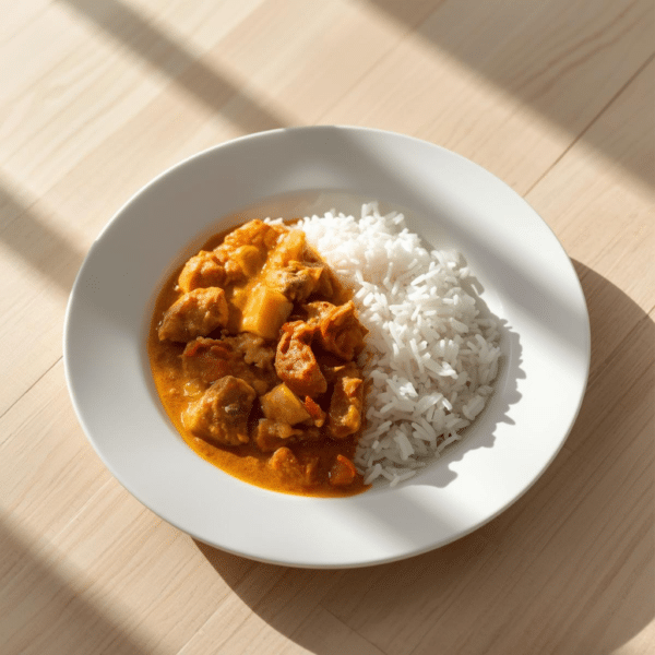 assiette blanche d'émincé de dinde au curry express fait en 15 mn