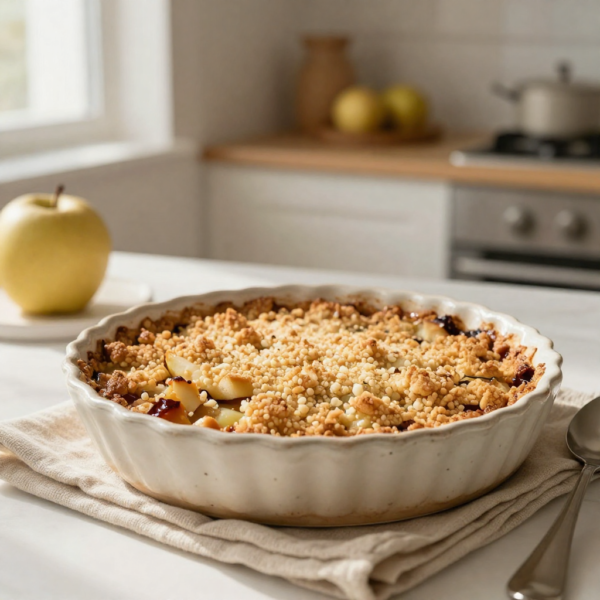 Crumble pommes-poires doré et croustillant dans un plat rustique, pour un dessert facile et réconfortant