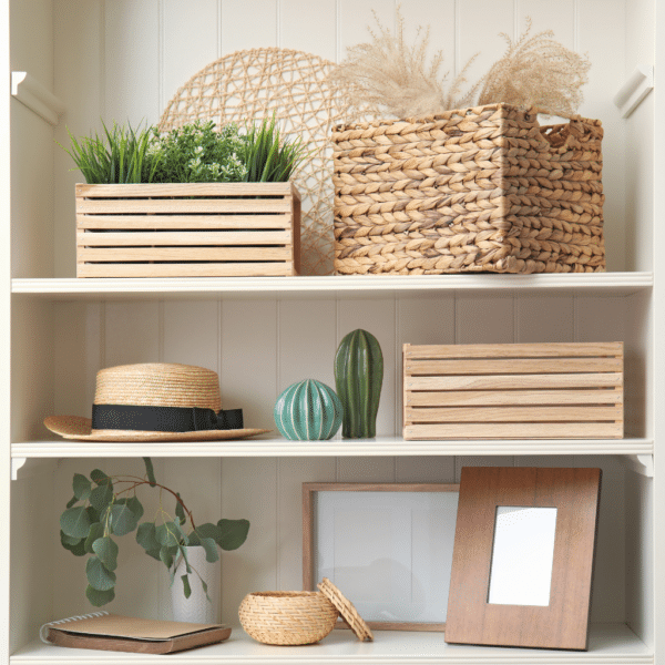 Organisation maison facile avec des paniers de rangement naturels sur une étagère.
