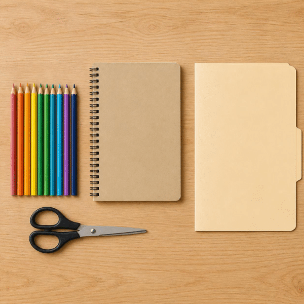 Cahier, crayons, ciseau, pochette posé sur une table.