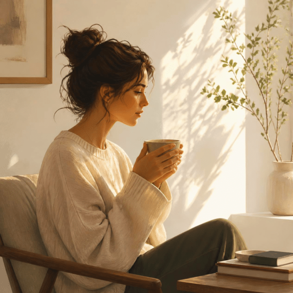 Femme buvant un café en contemplant sa maison qui lui ressemble enfin.