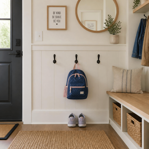 une entrée avec un sac d'enfant et des chaussures bien rangés pour une routine simple