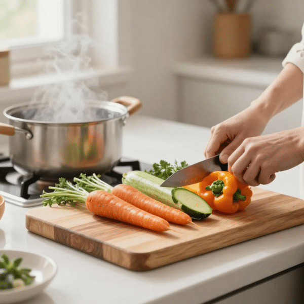 Découpe de légumes frais pour simplifier la préparation du menu de la semaine.