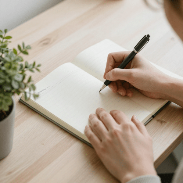 Des mains qui écrivent sur un carnet posé sur une table avec une petite plante