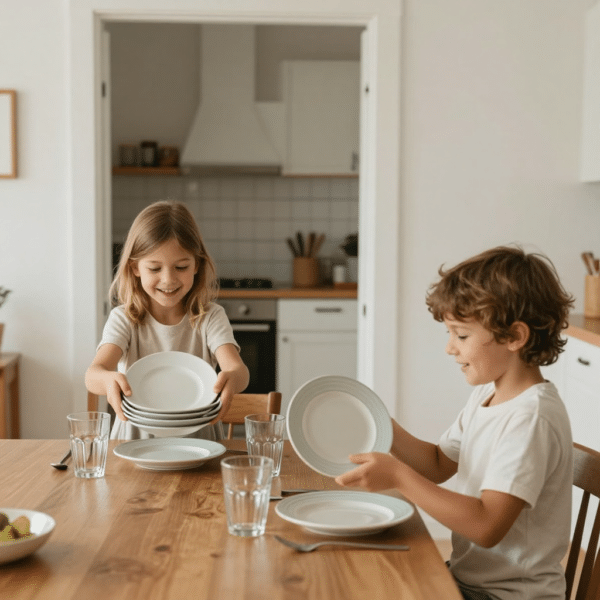 Enfants qui débarassent la table